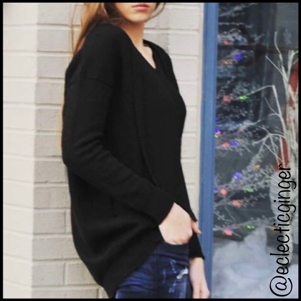BLACK Angora blend long sleeve sweater neck tie Small S Medium M Large L
